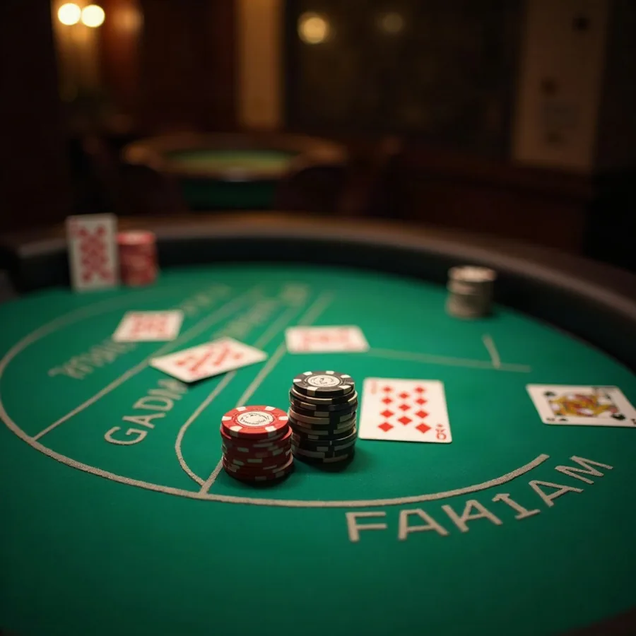 Tavolo da casino con fiches e carte, contesto di casino, slots, bonus, jackpot
